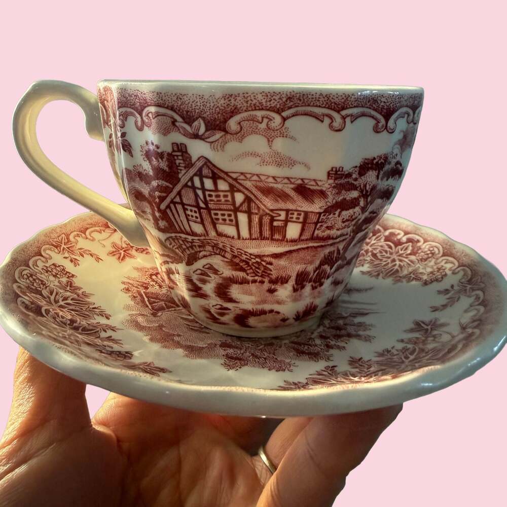 Churchill The Brook Red Transferware Tea Cup and Saucer Set